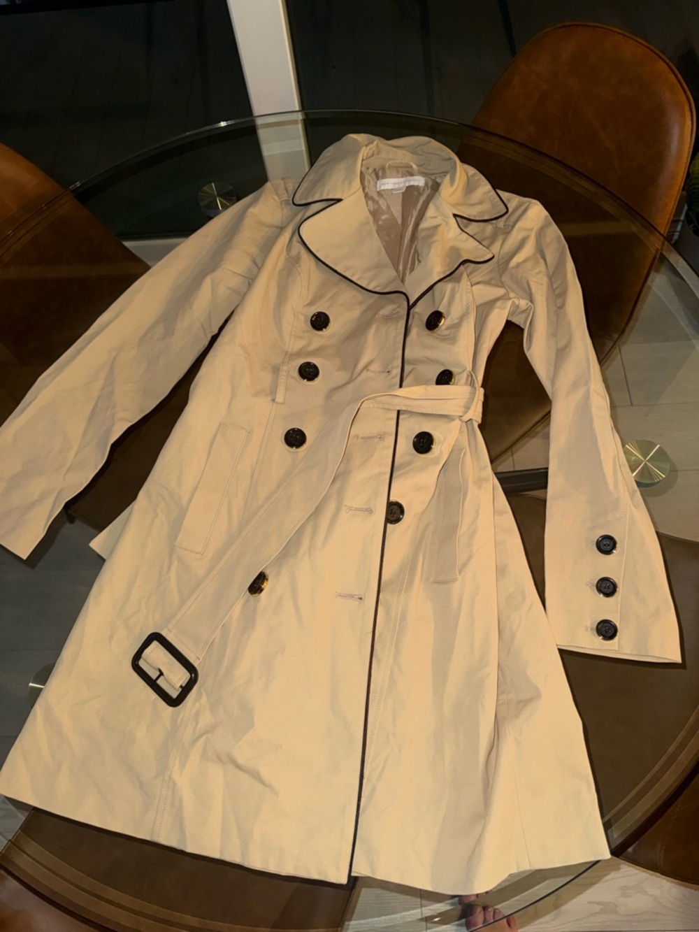 New York & Company Beige Trench Coat with Black Piping